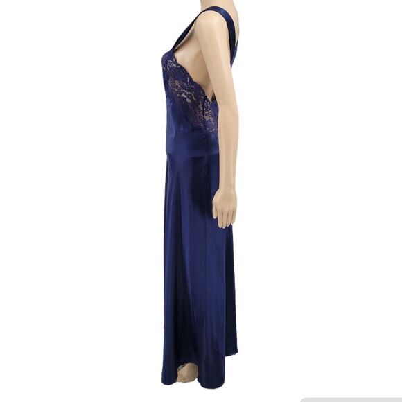 Vanity Fair Vintage Blue Satin Maxi Length Slip Dress Open Back Lace Panel Chest - Picture 3 of 13